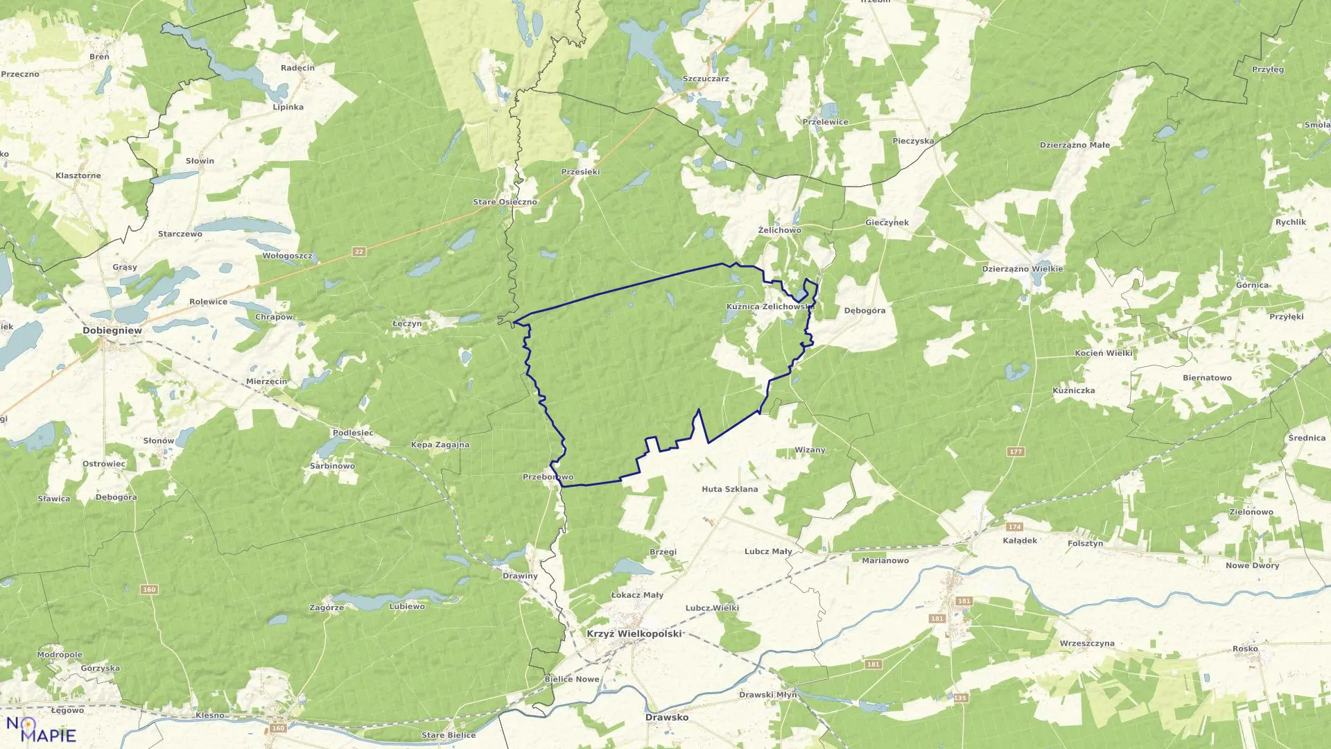 Mapa obrębu KUŹNICA ŻELICHOWSKA w gminie Krzyż Wielkopolski